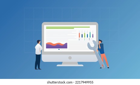 Trendy illustration, which shows a monitor with a dashboard. There are two guys standing nearby: one is looking at the indicators, the second is holding a wrench in his hands. Dribble style.