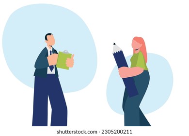 Trendy illustration with a white background, which depicts a man with a paper tablet and a girl with a pencil. There are blue spots on the background. Dribbble style.