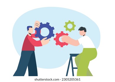 Trendy illustration with a white background, which depicts two guys busy adjusting gears. There are blue spots on the background. Dribbble style.