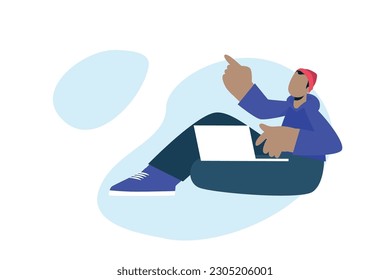 Trendy illustration with a white background, which depicts a guy with a laptop sitting on the floor. His gaze is directed upwards and his finger points in the direction of his gaze. There are blue spo