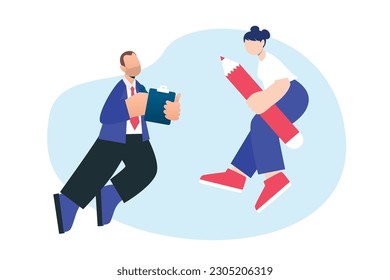 Trendy illustration with a white background, which depicts a man with a paper tablet and a girl with a pencil. There are blue spots on the background. Dribbble style.