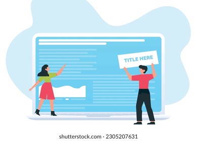 Trendy illustration with a white background, which depicts a guy with a girl in front of a large laptop. They are engaged in the layout of the website. There are blue spots on the background. Dribbble