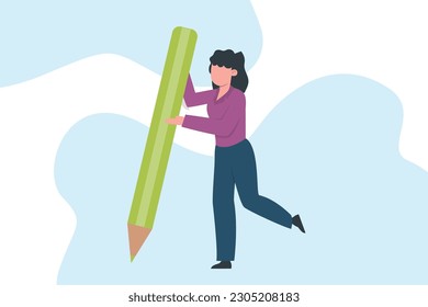 Trendy illustration with a white background, which depicts a dark-haired girl with a large pencil. There are blue spots on the background. Dribbble style.