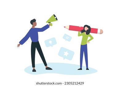 Trendy illustration with a white background, which depicts a guy with a loudspeaker and a girl with a large pencil. Icons depicting grids, light bulbs and stars are floating in the air. Dribbble style