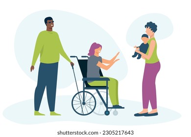 Trendy illustration with a white background, which depicts a woman handing a child into the hands of a girl in a wheelchair. A blind man is standing next to them. Dribbble style.