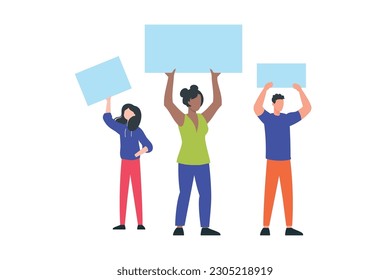 Trendy illustration with a white background, which depicts three protesting people at a demonstration with placards in their hands. Dribbble style.