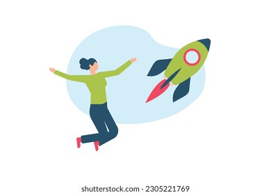 Trendy illustration with a white background, which depicts a girl jumping for joy. Next to her, a rocket takes off into the sky. Dribbble style.