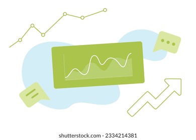 Trendy illustration with a white background, which depicts green analytical charts, a growth arrow and speech-bubbles. Dribbble style.