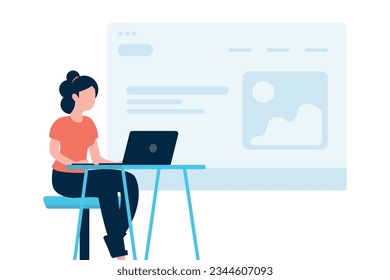 Trendy illustration with a white background, which depicts a girl working at a laptop in the office. A browser window with an open web page hovers in the background. Dribble style.