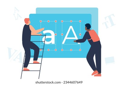 Trendy illustration with a white background, which depicts two people engaged in typography. Dribble style.