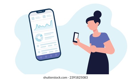 Trendfarbene Illustration auf weißem Hintergrund, die ein Mädchen mit einem Smartphone in der Hand darstellt. Ein Dashboard wird auf dem Smartphone-Bildschirm angezeigt. Dribble Style.