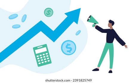 Trendy illustration with a white background, which depicts a marketer with a loudspeaker in his hands. Coins, dollars, and a calculator hover to his left. The graph shows growth, financial prosperity.