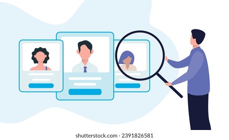 Trendy illustration with a white background, which depicts a human resources employee looking at employee profiles with a magnifying glass. Dribble Style.