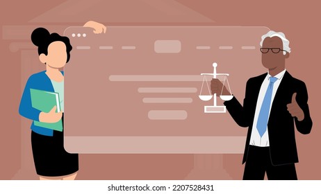 Trendy illustration with a wireframe of a law website in a browser window. A woman stands with a folder in her hand leaning against the browser window. Man in black suit holding scales. Dribble style.