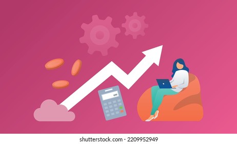 Trendy illustration with a woman who dominates finances thanks to cloud storage. Growth elements, up arrows, calculator, gears on a red background. Dribble style.