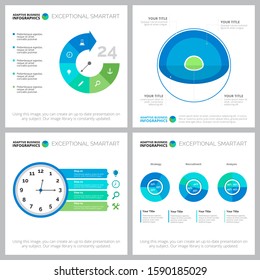 Trendy infocharts design set for workflow infographics, development report, presentation, landings. Business and management concept with clock metaphor process diagram, pie and percent charts