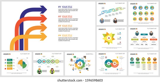 Trendy infographic layout set for HR layout, management report, slides, web page. Business and recruitment concept with organizational diagram, pie, cycle, and percentage charts.