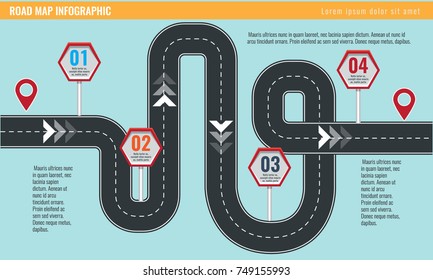 Trendy infographic template with road map using pointers and arrows. Illustrated vector.