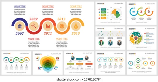 Trendy infographics design set for work process design, teamwork report, slides, web. Business and recruitment concept with process diagram, percentage, radial, cycle, and flow charts.