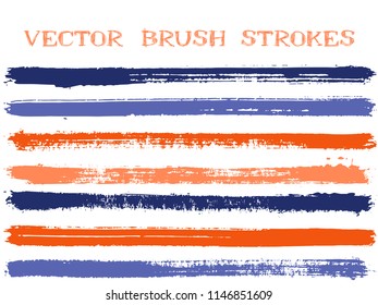 Trendy ink brush strokes isolated design elements. Set of paint lines. Messy Ink red blue brush stripes isolated on white, vector color scheme samples.