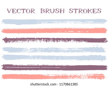 Trendy ink brush strokes isolated design elements. Set of paint lines. Artistic Ink brushe stripes isolated on white, vector colors guide book samples.