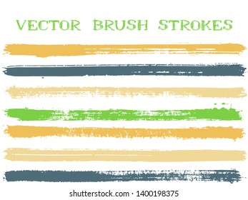 Trendy ink brush strokes isolated design elements. Set of paint lines. Distressed Ink brushe stripes isolated on white, vector color scheme samples.