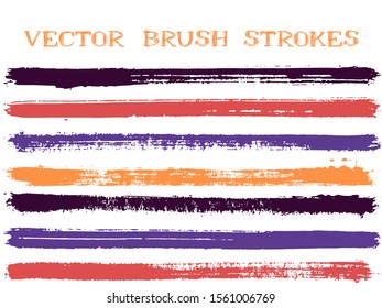 Trendy ink brush strokes isolated design elements. Set of paint lines. Abstract Ink brushe stripes isolated on white, vector color palette samples.