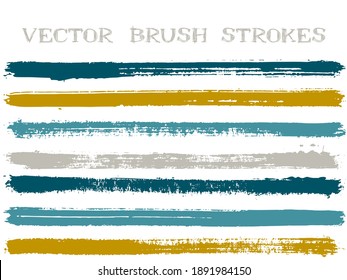 Trendy ink brush strokes isolated design elements. Set of paint lines. Messy Ink brushe stripes isolated on white, vector colors guide book samples.