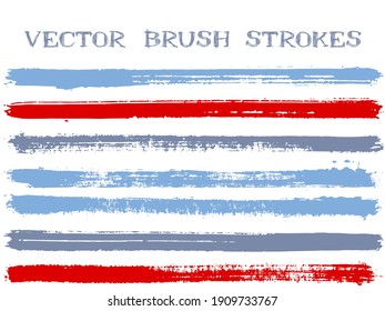 Trendy ink brush strokes isolated design elements. Set of paint lines. Cool Ink brushe stripes isolated on white, vector colors guide book samples.