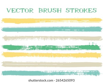 Os traçados de pincel de tinta da moda isolam elementos de design. Conjunto de linhas de pintura. As listras de pincéis de tinta sujos são isoladas em amostras de livros-guia de cores brancas e vetoriais.