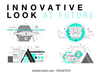 Trendy Innovation systems layouts in polygonal contour line composition, future analysis and technology operations. Made in awesome geometry style with linear pictogram of future for web design.
