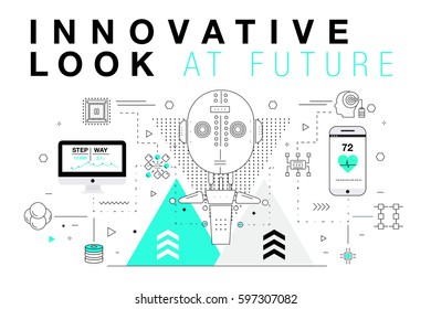 Trendy Innovation systems layouts in polygonal contour line composition, future analysis and technology operations. Made in awesome geometry style with linear pictogram of future for web design.