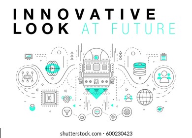 Trendy Innovation systems layouts in polygonal contour line composition, future analysis and technology operations. Made in awesome geometry style with linear pictogram of future for web design.