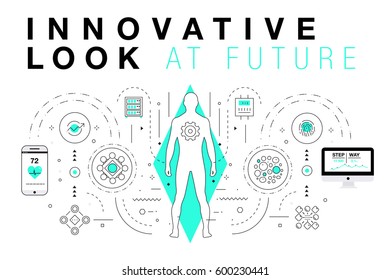 Trendy Innovation systems layouts in polygonal contour line composition, future analysis and technology operations. Made in awesome geometry style with linear pictogram of future for web design.