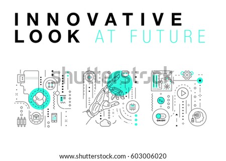 Trendy Innovation systems layouts in polygonal contour line composition, future analysis and technology operations. Made in awesome geometry style with linear pictogram of future for web design.