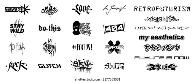 Trendy inscriptions, symbols and icons in different styles - modern, graffiti, calligraphy for prints on T-shirts, posters, merch, typography. Translation of Japanese characters - cyberpunk, future