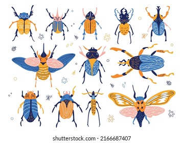 Insectos de moda. Bugs divertidos y coloridos, patrones de geometría abstracta colores brillantes, tipos y razas diferentes de escarabajos, ornamentos brillantes, colección decorativa aislada, dibujos animados vectoriales voluminosos conjunto plano