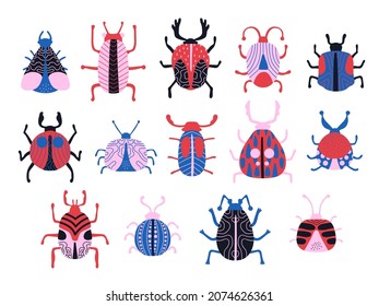 Trendy insects. Funny cute winged and horned bugs