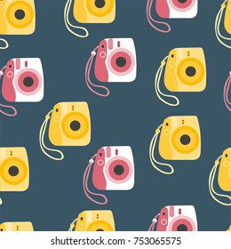 Trendy instant camera seamless pattern. Hand drawn vector illustration.