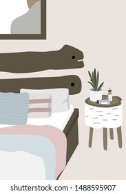Trendy interior design of Bedroom. Bed with pillows, blanket, bedside table, flower. Modern illustration in Scandinavian style. Contemporary vector is useful for print, card, wallpaper.