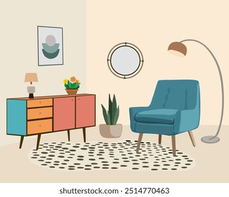 Trendy interior design of living room in mid century modern retro style. Cozy home furnished with chair, chest of drawers, floor lamp, potted plants and wall mirror. Colored flat vector illustration