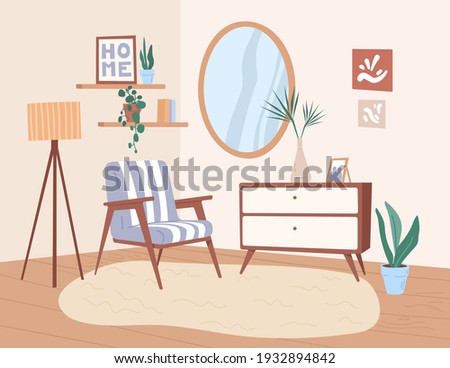 Trendy interior design of living room with retro furniture and decoration. Cozy home furnished with chair, chest of drawers, floor lamp, potted plants and wall mirror. Colored flat vector illustration