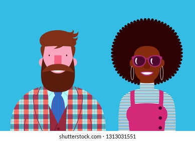 Trendy interracial happy young couple bearded man black woman isolated on blue background
