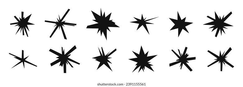Trendy irregular black stars set. Hand drawn geometric scribble shapes, doodle starburst, modern retro grunge punk sticker design. Modern flat vector illustration