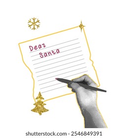 Trendy isolated Christmas halftone collage. Hand writing a letter to santa. Halftone collage with gold shiny texture for cards, posters, templates.Modern retro vector illustration