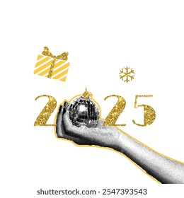 Trendy isolated Christmas halftone collage. Disco ball in hand and numbers 2025. Halftone collages with gold glitter texture for cards, posters, templates.Modern retro vector illustration