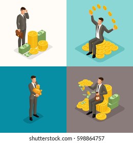 Trendy isometric concept, 3d businessman, young businessman, 4 concepts with money, wealth, profit, money management, investment, deposits isolated