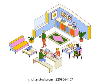 Trendy Isometric coworking center, room for relaxation and discussion, working environment for freelancers. Vector Illustration