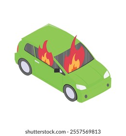 Trendy isometric icon depicting a burning car