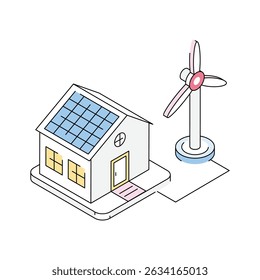 A trendy isometric icon of eco-friendly windmill house